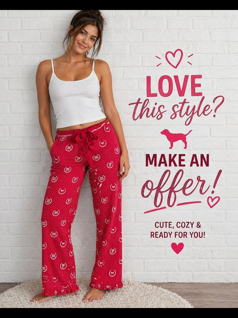 Victoria’s Secret PINK Pajama Pants Small Red Logo Polka Dot Lounge Sleepwear